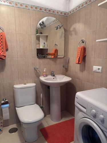 a bathroom with a toilet and a sink and a washing machine at Puesta de Sol in Punta del Hidalgo