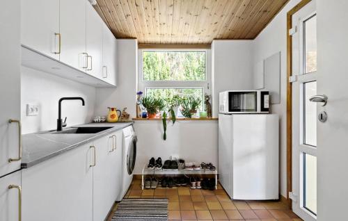 a kitchen with a white refrigerator and a window at Nice Home In Faxe Ladeplads With Wifi in Fakse Ladeplads