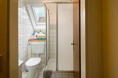 a small bathroom with a toilet and a window at Ferienhaus Gerda Wohnung 1 in Westochtersum