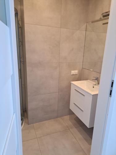 a bathroom with a sink and a shower at BOOGIE Home Kamienica Łódzka in Łódź