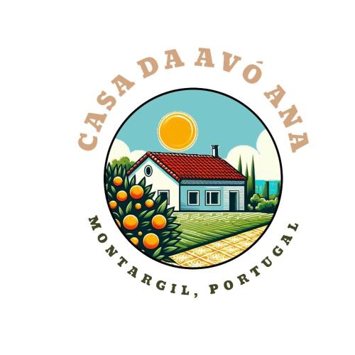 a logo for a farm with a house and an orange tree at Casa da Avó Ana - Montargil in Montargil