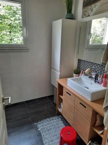 une salle de bain avec un lavabo et un réfrigérateur dans l'établissement Villa avec piscine et cuisine d'été, à Sigean