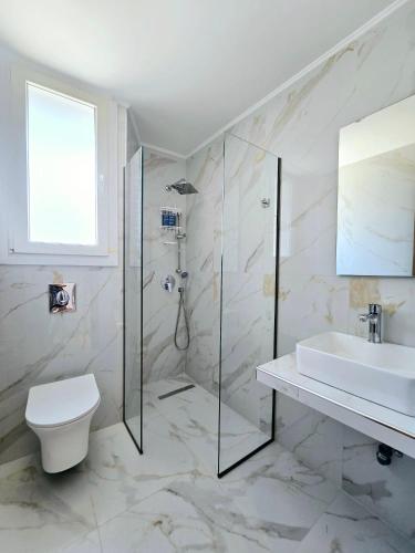 a bathroom with a shower and a toilet and a sink at Luxury Villa Anna Marittima in Limenas
