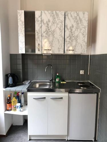 une cuisine avec des armoires blanches et un évier dans l'établissement Le Logis du Lion - centre historique Belfort, à Belfort