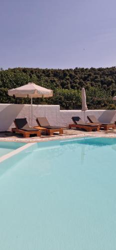 a swimming pool with chairs and umbrellas at Lithanemon in Agnontas