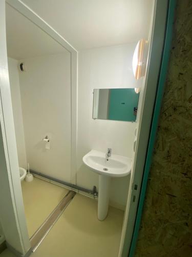 un baño blanco con lavabo y espejo en les moulins - studio 6, en Cherbourg-en-Cotentin