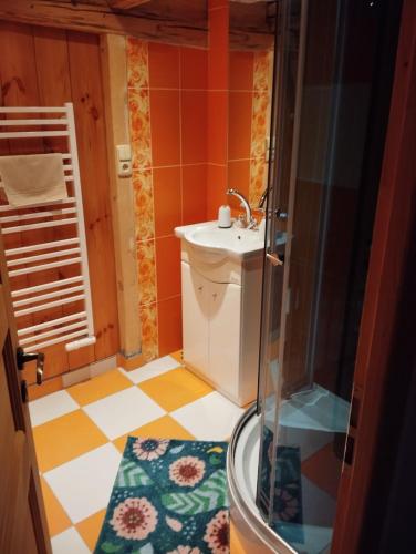 a bathroom with a sink and a shower at Cottage Kolné in Stvolínky