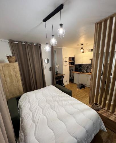 Cet appartement comprend une chambre avec un lit blanc et une cuisine. dans l'établissement Très joli STUDIO en plein cœur d'ANGOULEME, à Angoulême