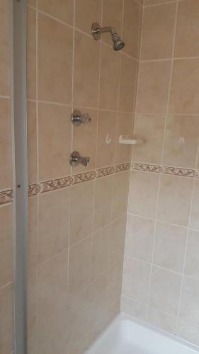 a shower with a shower head in a bathroom at Bayview Selfcatering Apartment in Hartenbos