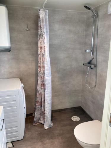 a bathroom with a shower and a toilet at Hultatorpet in Tvååker