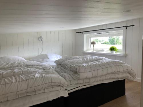 a bedroom with two beds and a window at Hultatorpet in Tvååker