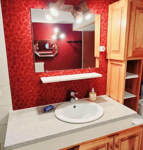 La salle de bains est pourvue d'un lavabo et d'un mur rouge. dans l'établissement Maison de campagne, à Usson-en-Forez