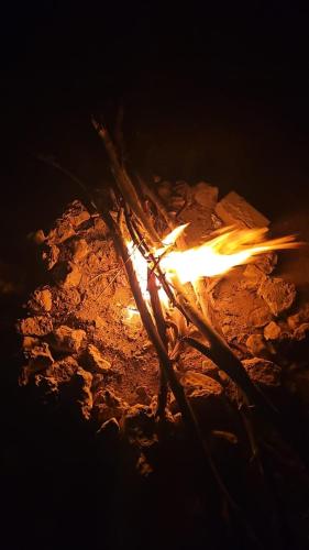 a fire is burning in a fire pit at night at אוהל בוסתן הזיתים in Midreshet Ben Gurion