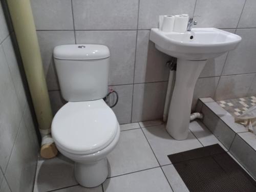 a bathroom with a white toilet and a sink at De Bliss Lodge in Johannesburg