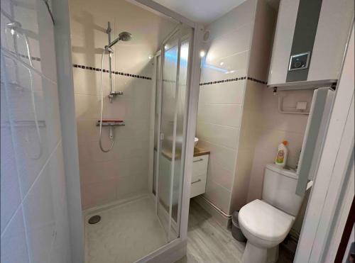 une salle de bain avec douche et toilettes dans l'établissement Studio 61, vue mer, wifi, parking privé, à Saint-Hilaire-de-Riez