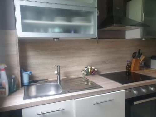 un comptoir de cuisine avec un évier et un micro-ondes dans l'établissement Citytrip Paris, à Bobigny