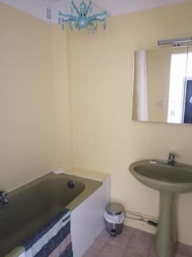 une salle de bain avec une baignoire verte et un lavabo dans l'établissement Bright central apartment close to St Charles station, à Marseille