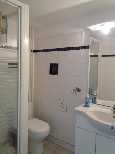 une salle de bain blanche avec des toilettes et un lavabo dans l'établissement Port Leucate - Maison 4 personnes, à Port-Leucate