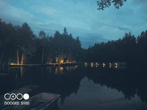 a lake at night with a boat in the water at Houseboat U Vodníka in Krásná Hora