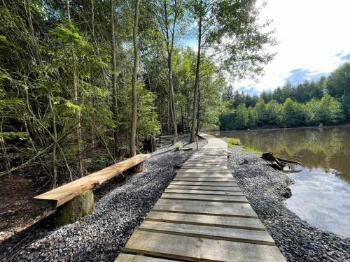 a wooden pathway next to a river with trees at Houseboat U Vodníka in Krásná Hora