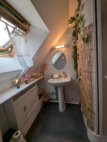 une salle de bain avec un lavabo et un miroir dans l'établissement La Petite Maison de Locarn, à Locarn