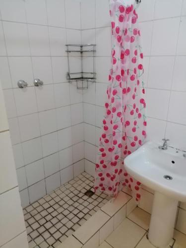 a bathroom with a sink and a shower curtain at 37 Grant prix lodge in Cape Town