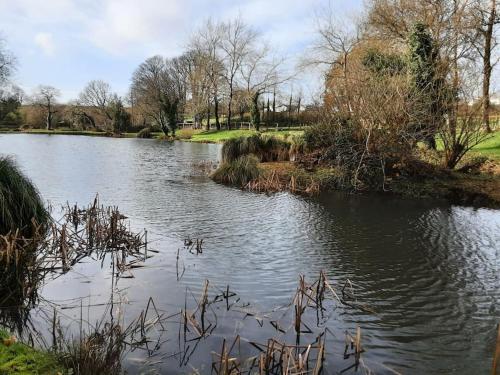 a body of water with trees and grass in it at Holiday Home with a Hot tub in St Austell