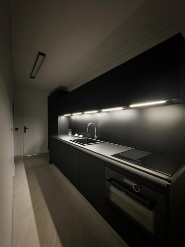 - une cuisine noire avec évier et cuisinière dans l'établissement Appartement Design élégant, au Cannet