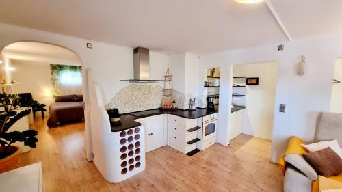 a kitchen and living room with a counter and a couch at Ruheoase am Waldrand - auf 90qm sind nicht nur die Eltern und bis zu 5 Kinder willkommen, auch Hunde und Katzen sind willkommen in Laichingen