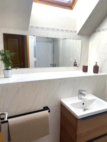 une salle de bain avec un lavabo et un miroir dans l'établissement La Grange - Camping le Mont Orel, à Saint-André-dʼEmbrun