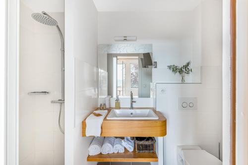 a bathroom with a sink and a shower at Villa Elisa M in Aubenas