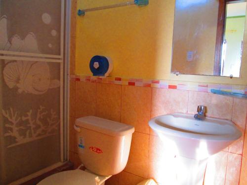 a bathroom with a toilet and a sink and a shower at Hotel Mediterraneo in Canoa