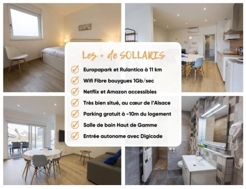 a collage of photos of a bedroom and a living room at Sollaris Appartements RDC à 11km de Europa-Park in Friesenheim