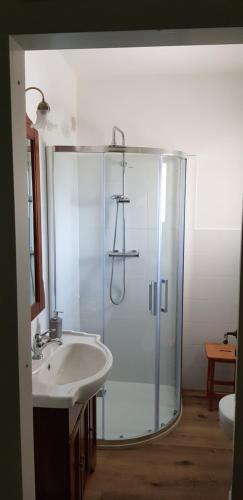 a bathroom with a shower and a sink at B&B DON FILIPPO in Pacentro