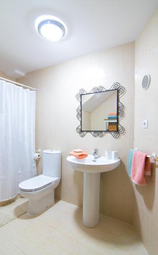 a bathroom with a toilet and a sink and a mirror at Villa Hoz de Jaca in Hoz de Jaca