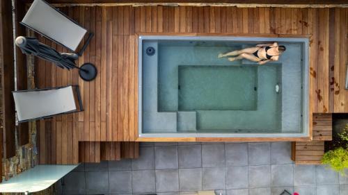 an overhead view of a dog laying in a swimming pool at Sylvia Camping & Luxury Suites, Panel Hospitality Homes & Villas in Litochoro