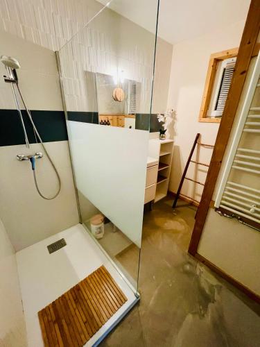 une douche avec une porte vitrée dans une salle de bain dans l'établissement Rockin 70's Lodges, à Barbey-Séroux