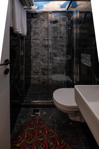 a bathroom with a toilet and a glass shower at Sylvia Camping & Luxury Suites, Panel Hospitality Homes & Villas in Litochoro