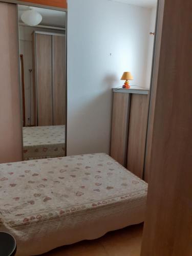 une petite chambre avec un lit et un miroir dans l'établissement Appartement bord de mer, à Portiragnes