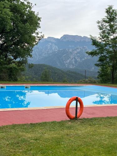 a swimming pool with a orange object in the grass at Alberg rural torre del baró in Sant Llorenc de Morunys