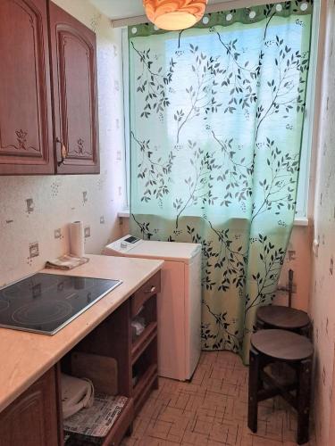 a kitchen with a refrigerator and a shower curtain at Sunny flat 250m from the beach in Liepāja