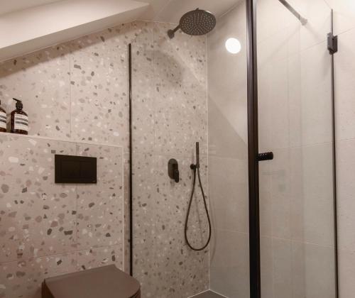 a bathroom with a shower and a toilet at Velut Home Bural in Dubrovnik