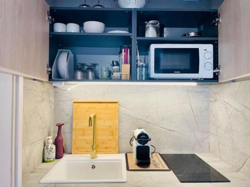 une cuisine avec un évier et un micro-ondes dans l'établissement 17Bijou-Plage, à Antibes