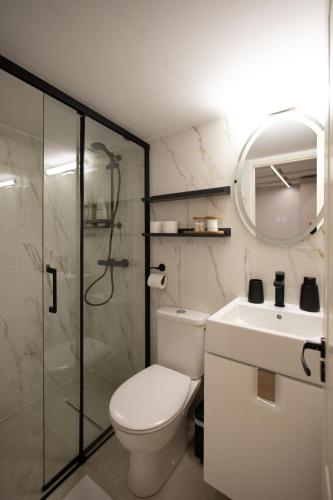 a bathroom with a toilet and a shower and a sink at Banffy's little house in Cluj-Napoca