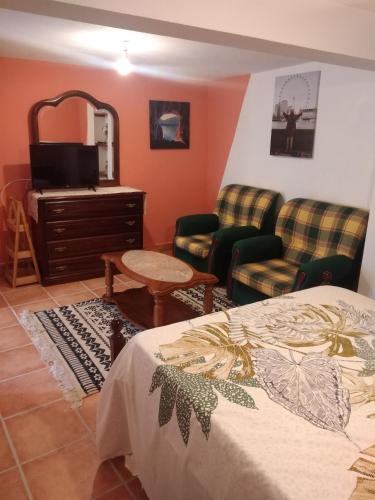 a living room with a bed and a couch and a tv at Casa Gama in Ribeira da Janela