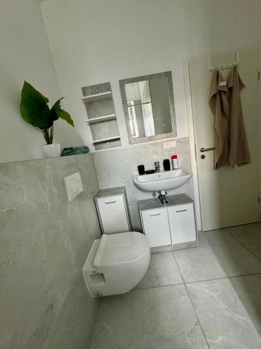 a bathroom with a toilet and a sink at 2 ZKB Apartement in Mannheim Buga - Küche - Parken in Mannheim