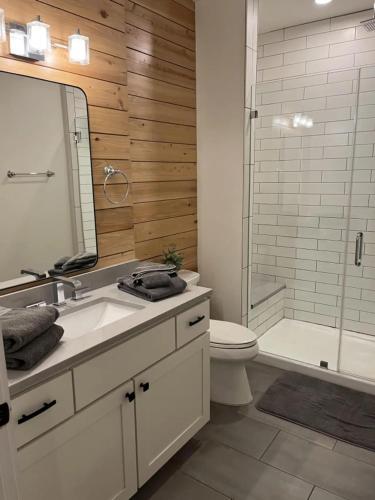 Un baño con lavabo, inodoro y ducha. en Franklin on Main, en Blowing Rock