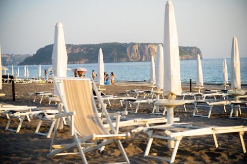 a group of lounge chairs on a beach at Hotel Garden in Praia a Mare