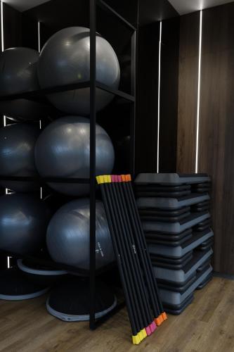 a shelf filled with lots of black exercise balls at Glacier Premium Apartments in Bukovel