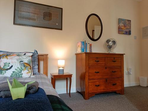 a bedroom with a bed and a dresser with a mirror at Snowberry Cottage in Borve